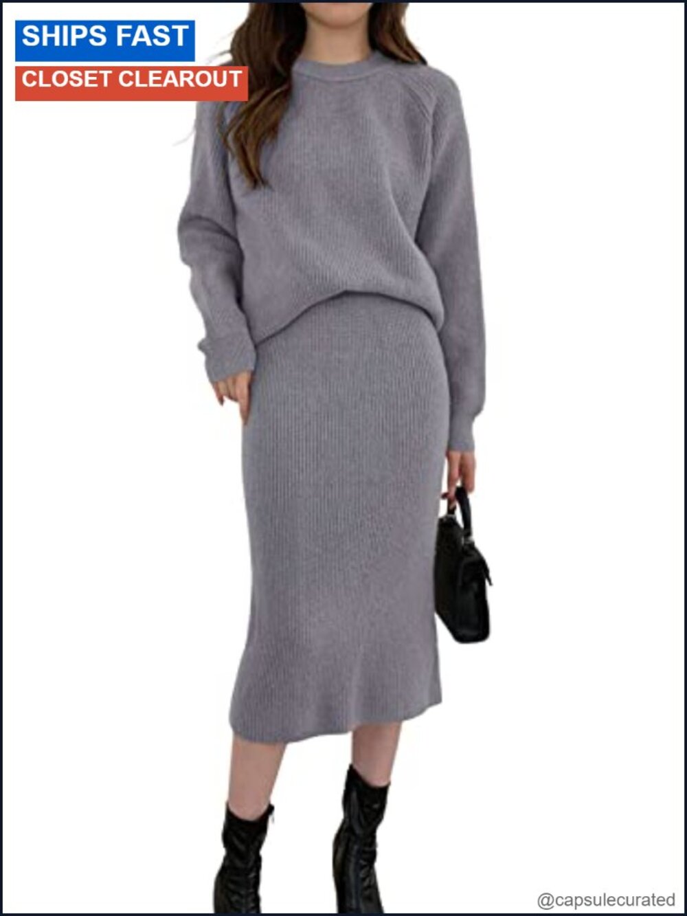 Two Piece Sweater Skirt Set Knit Pullover Top Bodycon Midi Skirt Outfit